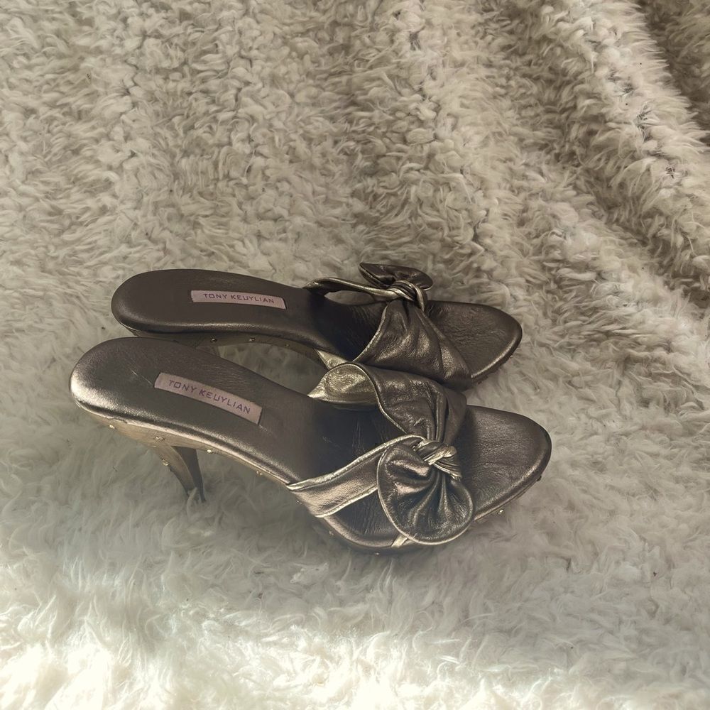 Tony Keuylian leather metallic Bronze and Gold slip on  heels sandals EUR SZ38